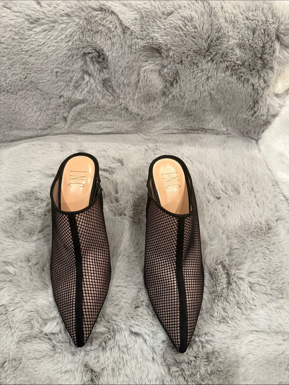 INC International Concepts Black Fishnet Mesh Pointed Toe Mules Heels 7M